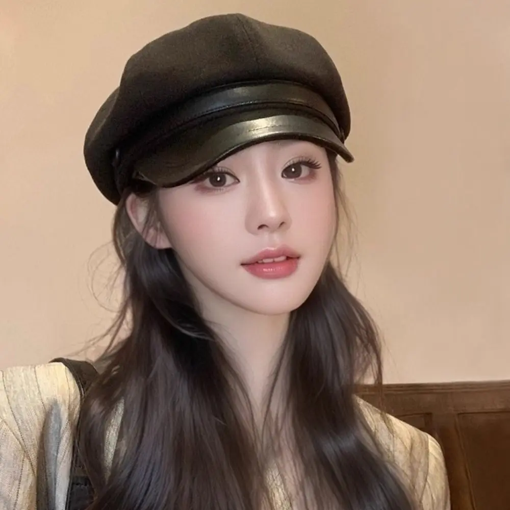 

Fashion British Style Pu Leather Beret Korean Style Retro Wool Octagonal Hat Artist Hat Newsboy Cap Painter Hat Autumn