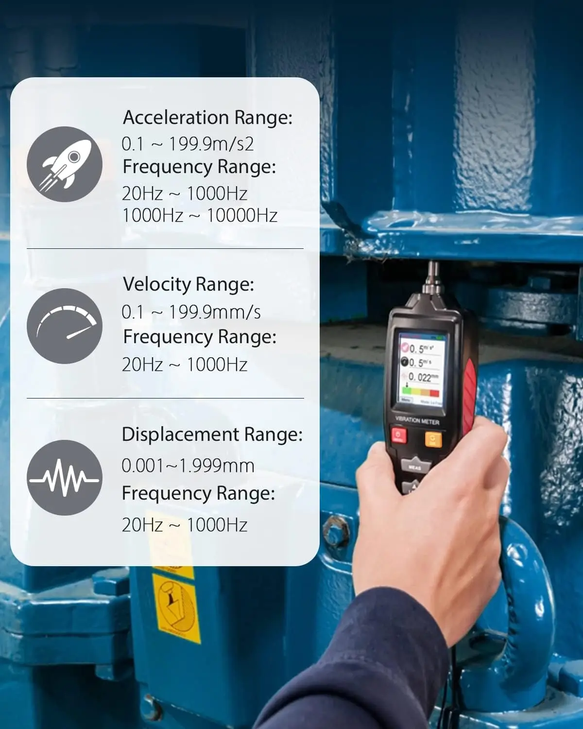Handheld Vibration Meter, Digital Vibration Analyzer Tester Accelerometer 0.01 to 199.9mm/s, Acceleration, Velocity,Displacement