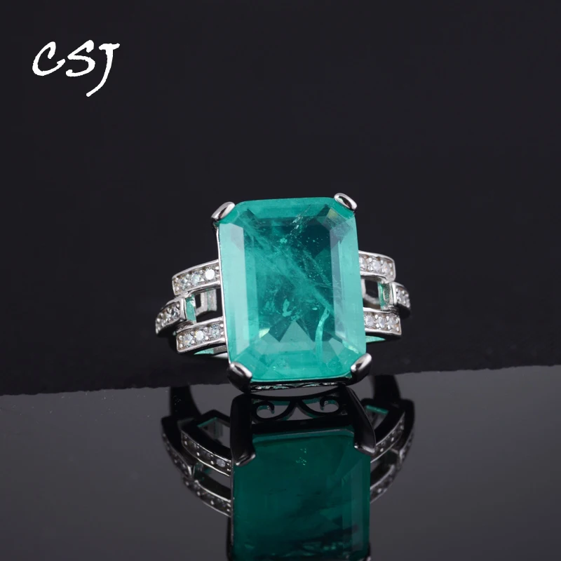 

CSJ Trendy Paraiba Tourmaline Ring Sterling 925 Silver Created Gemstone 12*16mm for Women Wedding Birthday Jewelry Gift