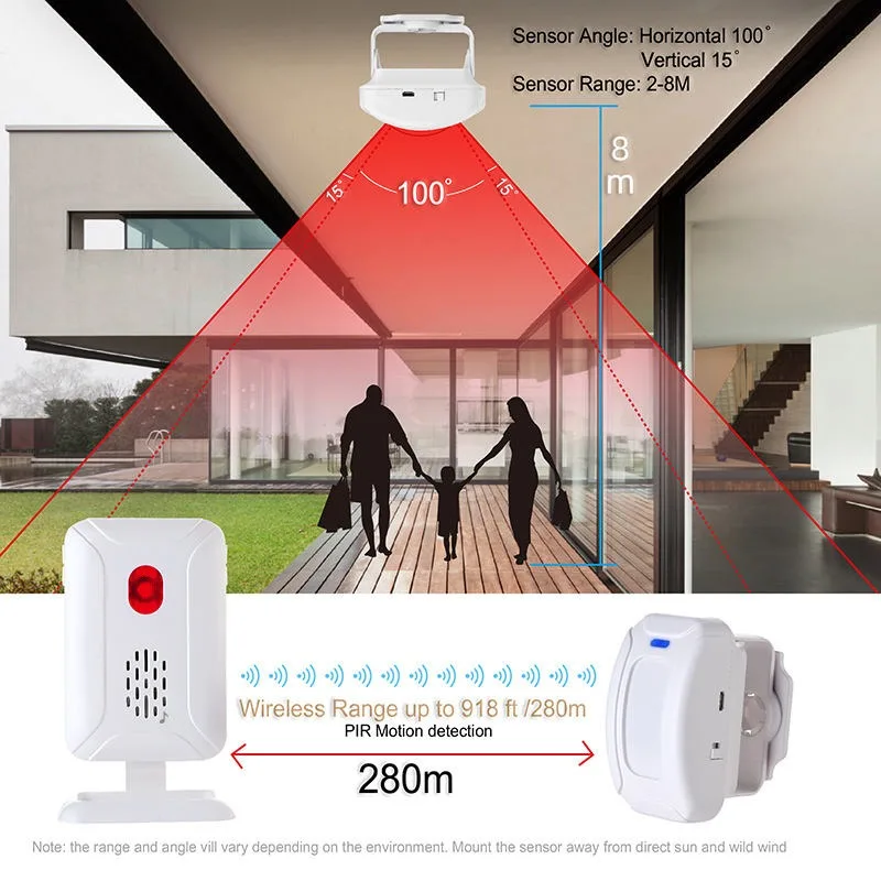 WSDCAM bel pintu nirkabel, detektor gerak PIR Alarm maling Sensor inframerah bel pintu berbunyi Alarm pengunjung