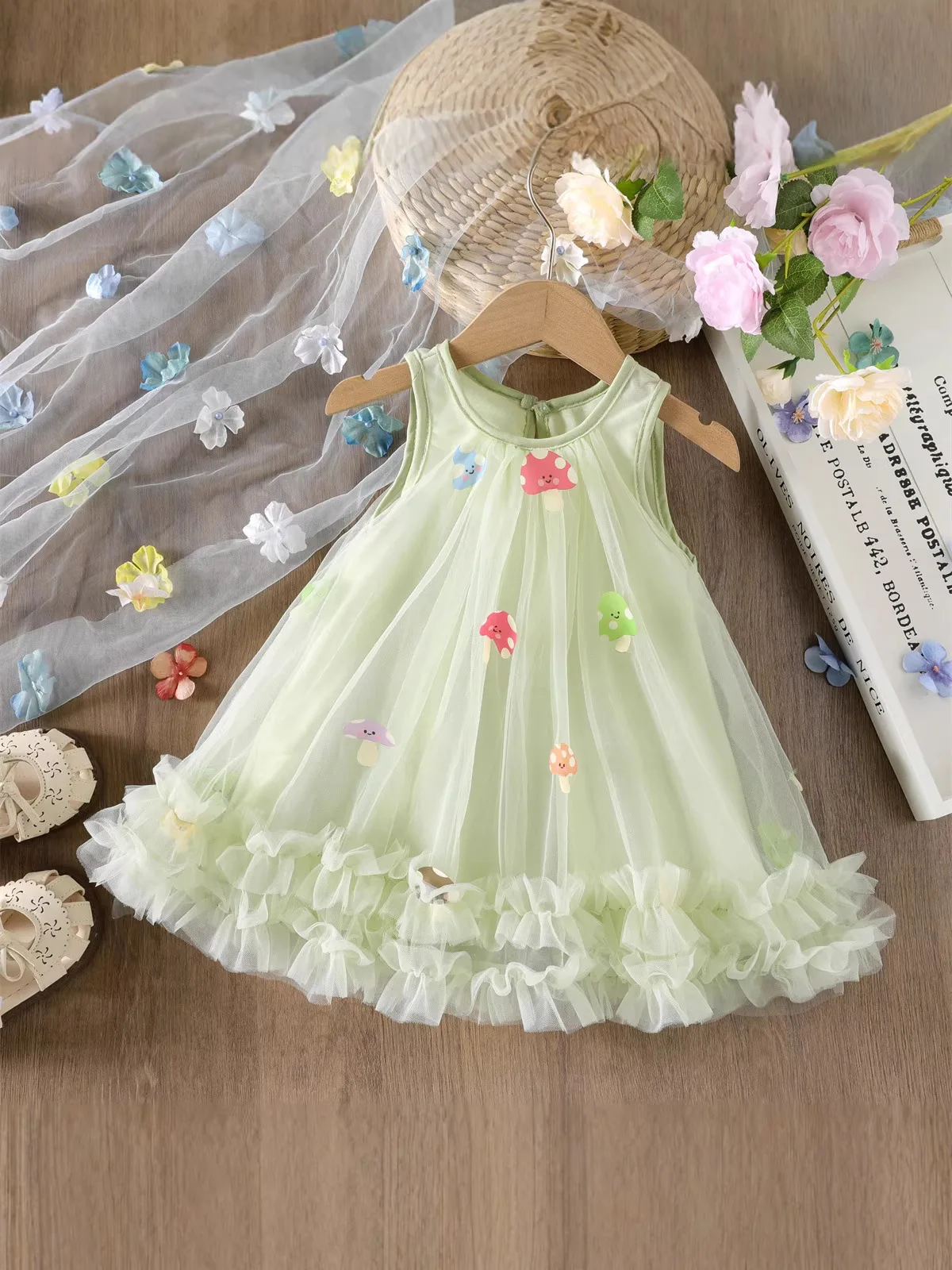 

MILANCEL New Summer Kids Mesh Dress 1-5T Cartoon Printed Mushrooms Girls Sleeveless Dress Sweet Children Clothes