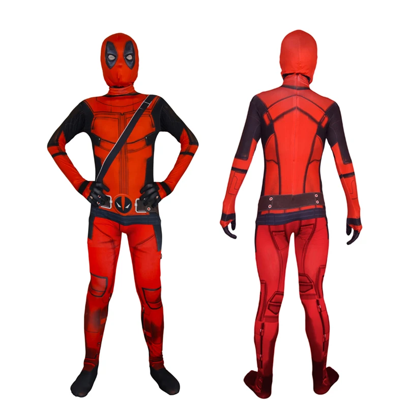 MARVEL Kinder Deadpool Cosplay Kostüm Erwachsene Bodysuit Overall mit Zubehör Kopfbedeckung Party Dress Up Kleidung