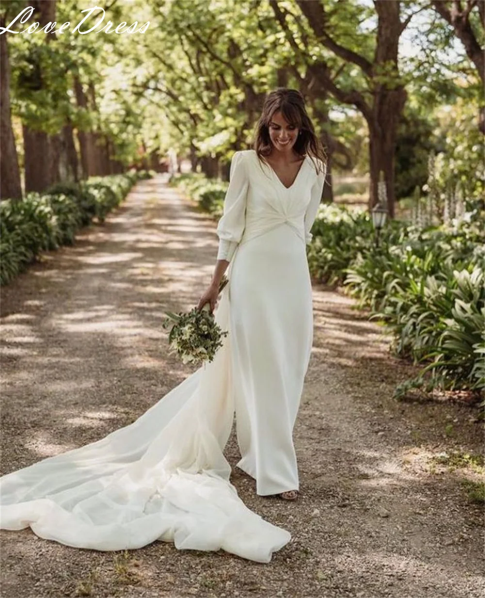 LoveDress gaun pernikahan putri duyung wanita, gaun sifon sederhana dengan kancing Backless leher V disesuaikan