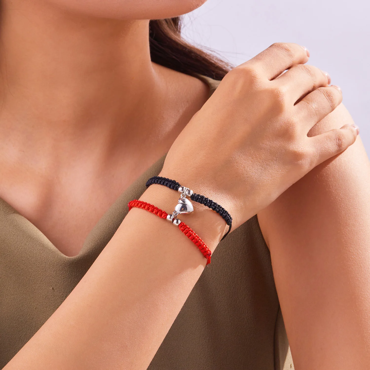 2-teiliges einfaches glückliches rotes Seil-geflochtenes Armband für Damen und Herren, romantisches Herz, magnetisches Paar, passende Armbänder, Freundschaftsschmuck – Detail 8
