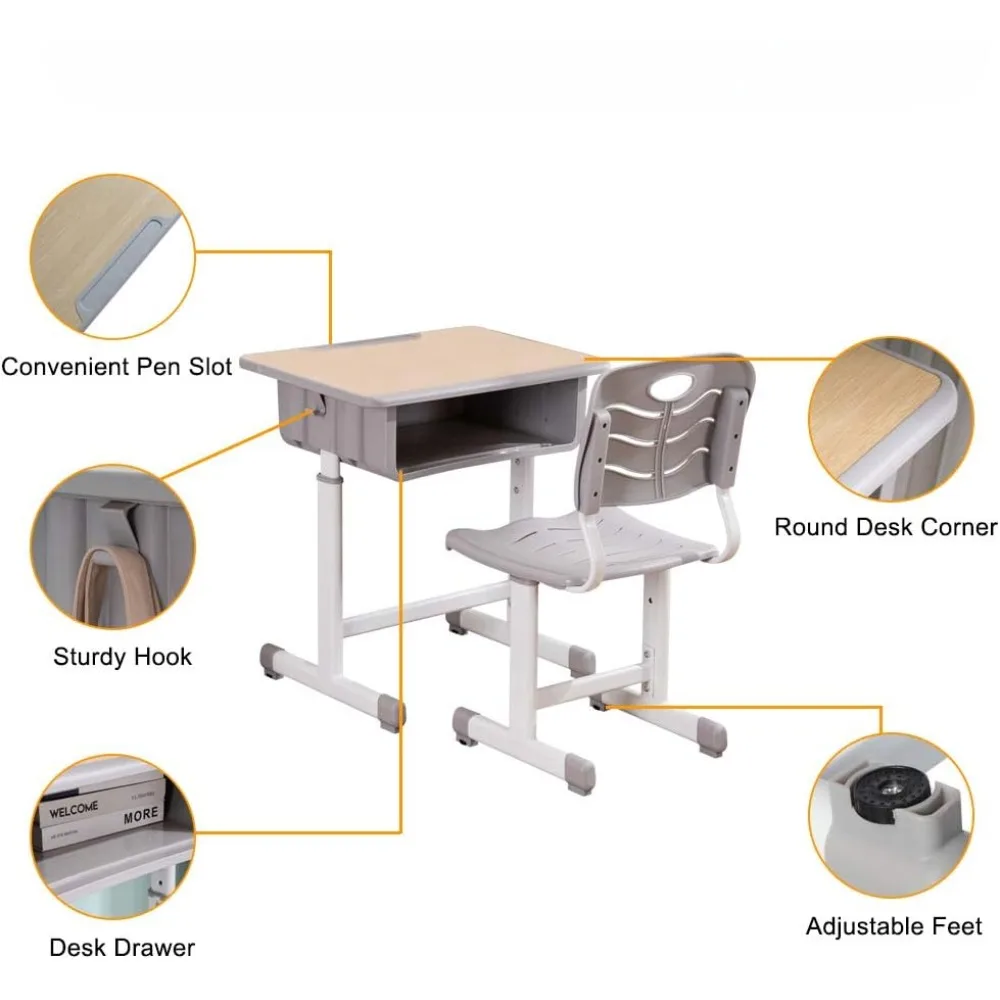 Combinación de escritorio y silla para estudiantes, estación de trabajo de altura ajustable para niños, con cajones, ranuras para lápices y ganchos