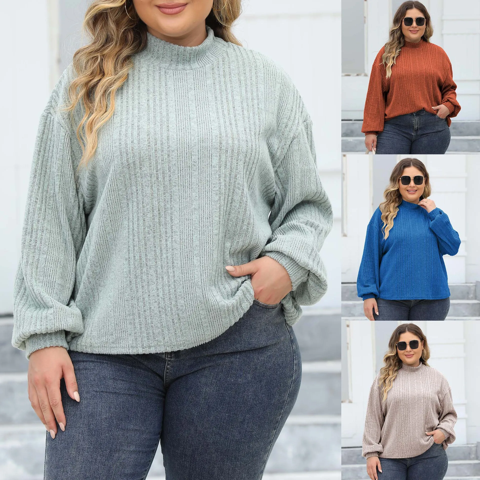 

Женский пуловер больших размеров, топ с полуводолазкой, флокированная футболка в рубчик, европейско-американский стиль, весна-осень