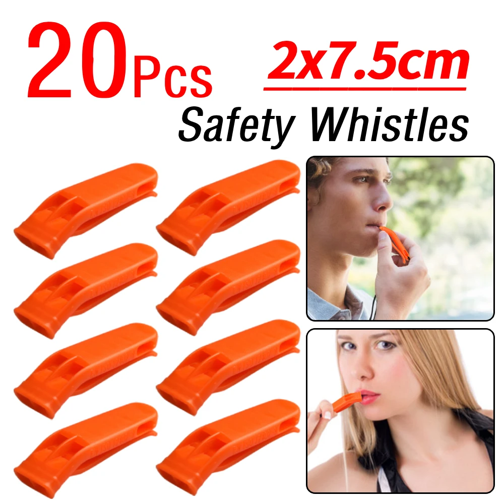 

20 шт., пластиковые безопасные свистки, громкий свисток для выживания, многофункциональный уличный аварийный свисток, двойная труба, походный спасательный свисток
