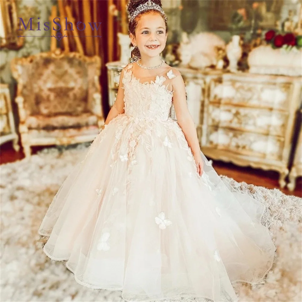 

MisShow Flower Girl Dresses for Wedding Puffy Tulle Lace Pageant Birthday Kids Bridesmaid Ball Gowns Princess Party Size 2-14