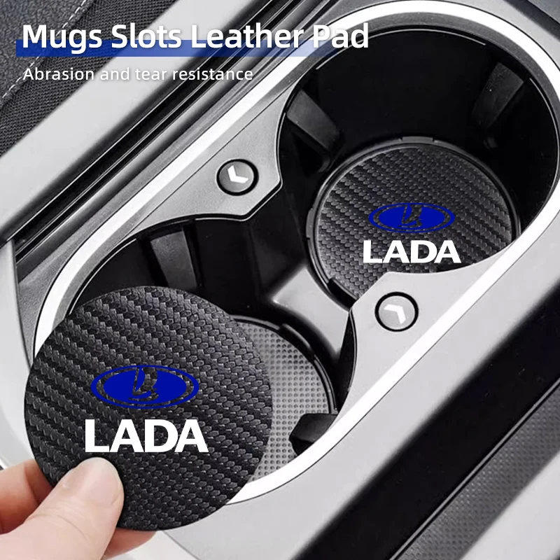 2Pcs Car Leather/Carbon Fiber Water Cup Coasters Anti-Slip Pads For Lada Priora Sedan Sport Kalina Granta Vesta Niva Largus Vaz