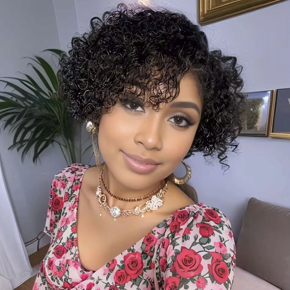 

Short Curly Pixie Cut Wigs Human Hair with Bangs Glueless Brazilian Bob Kinky Curly Wigs for Women Black Side Part Pixie Wigs