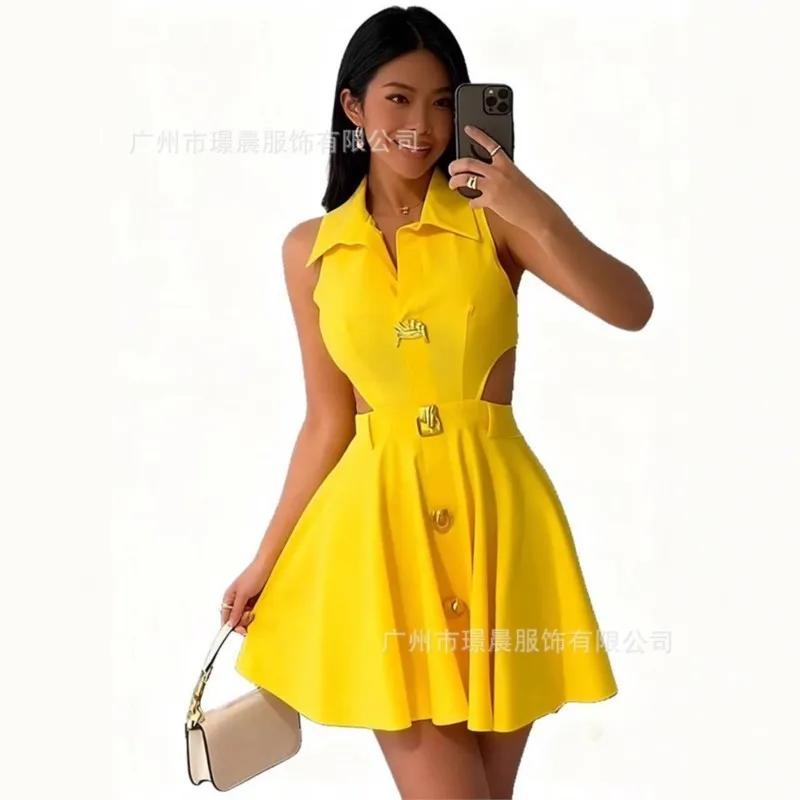 Mini abito elegante alla moda per Lady 2025 Colletto POLO estivo senza maniche con cut-out Vita snellente Gonna corta a trapezio Party