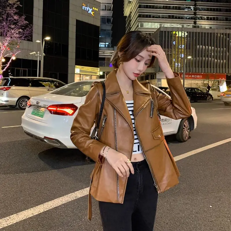 2023 New Waistband Slimming Sheepskin Irregular Zipper Jacket for Women Spring Autumn Casual Lapel Genuine Leather Jackets Lady