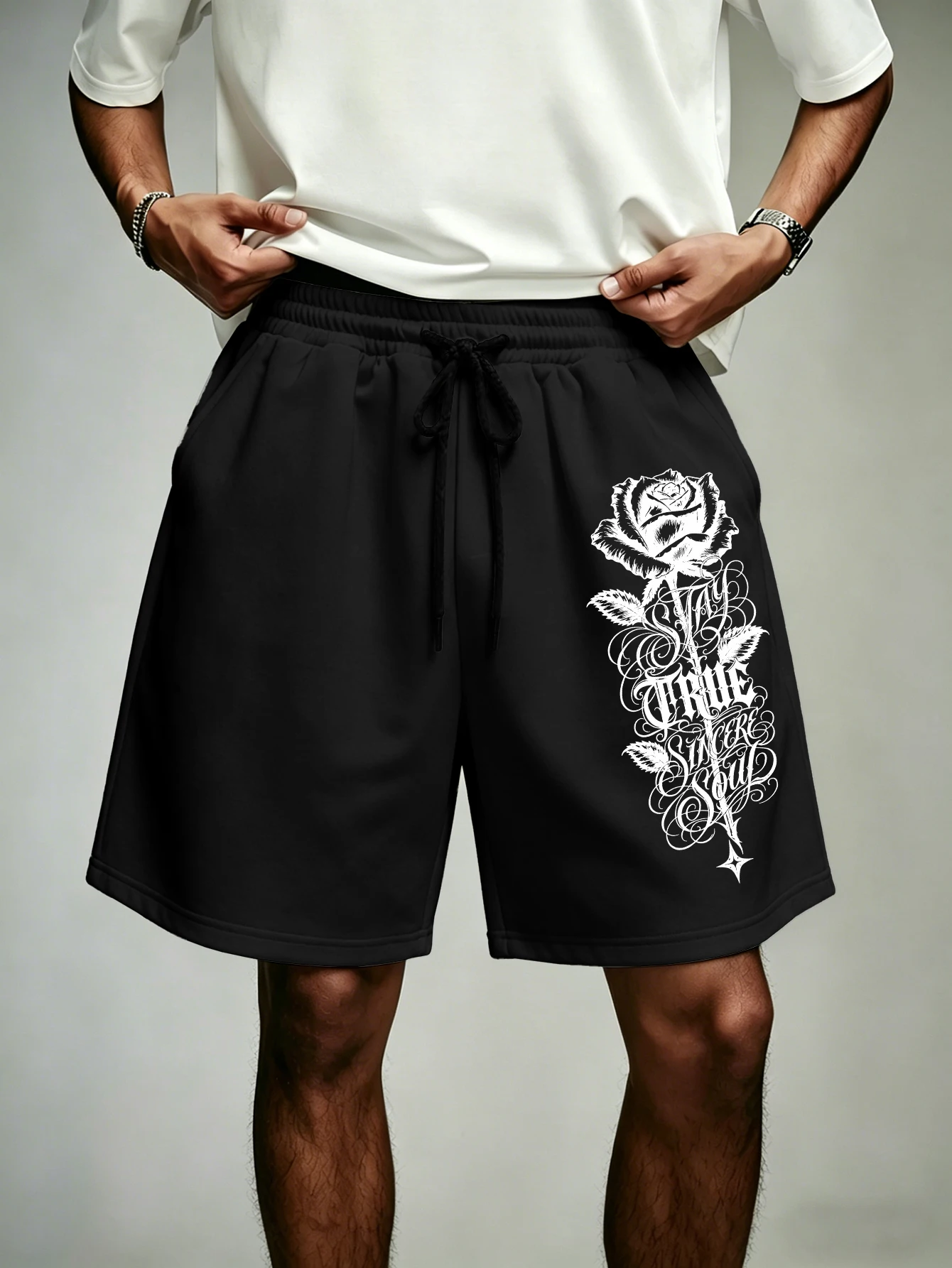 Men's Loose Streetwear Rose Gothic Letter Print Drawstring Shorts 100% Polyester Black Elastic Waist S‑2XL 1Pc