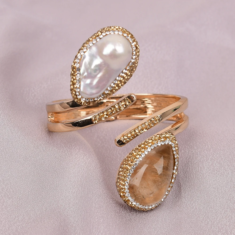 G-G Cultured White Keshi Baroque Pearl Natural Golden Quartz Bangle Handmade Bracelet