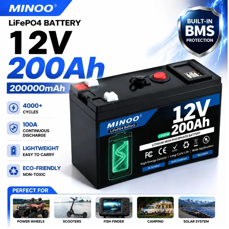 12V 200Ah LiFePO4 Solar Battery Deep Cycle Rechargeable Built-in BMS Lithium 200000mAh for Power Wheels Scooters Fish Finder