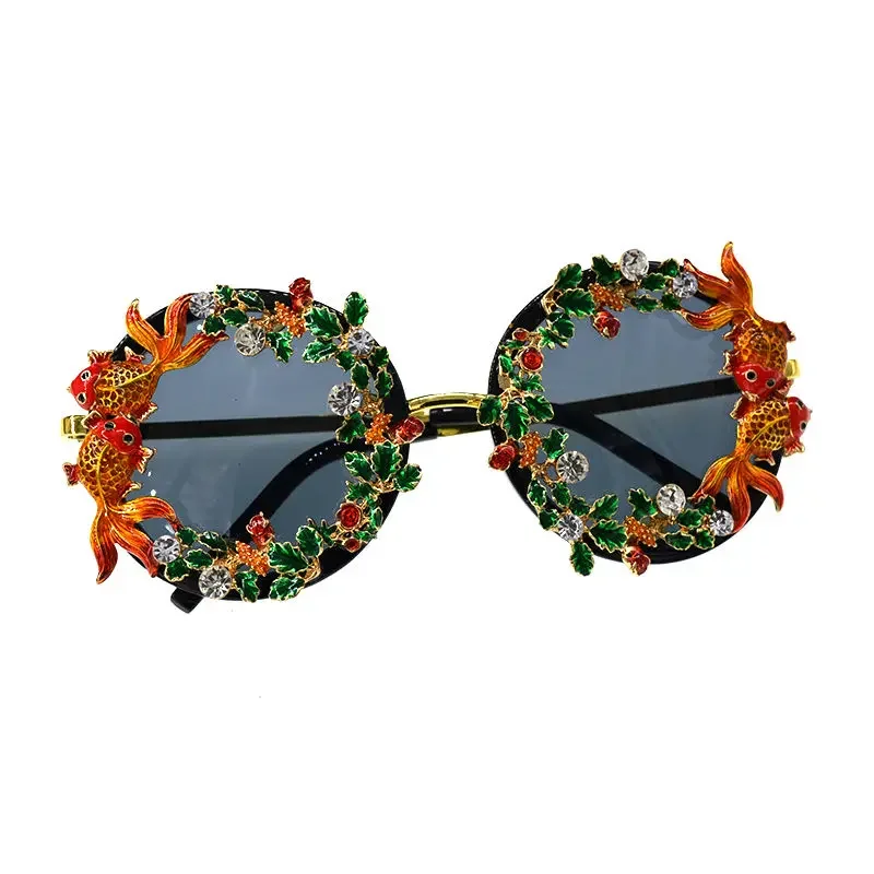 2022 Baroque Round Brand Sunglasses Women Fish Sexy Girls Sun Glasses Rhinestone Ladies Shades for Party Oculos De Sol Feminino