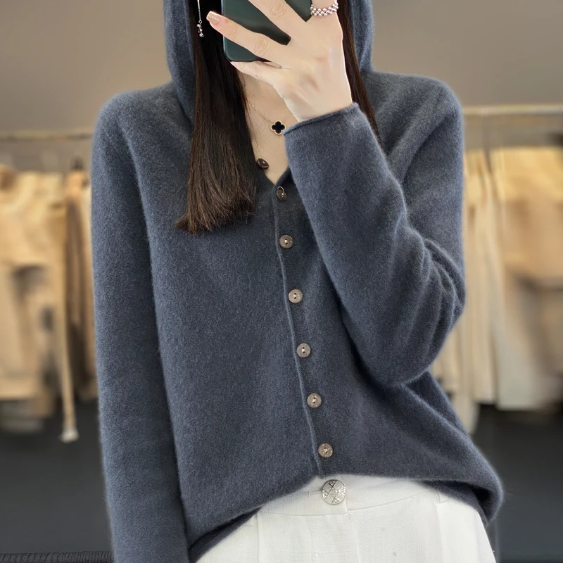 2024 Spring/Autumn/Winter Women Hooded Cardigan 100% Merino Wool Sweater Cardigan Women Korean Fashion Coat Solid Color Top