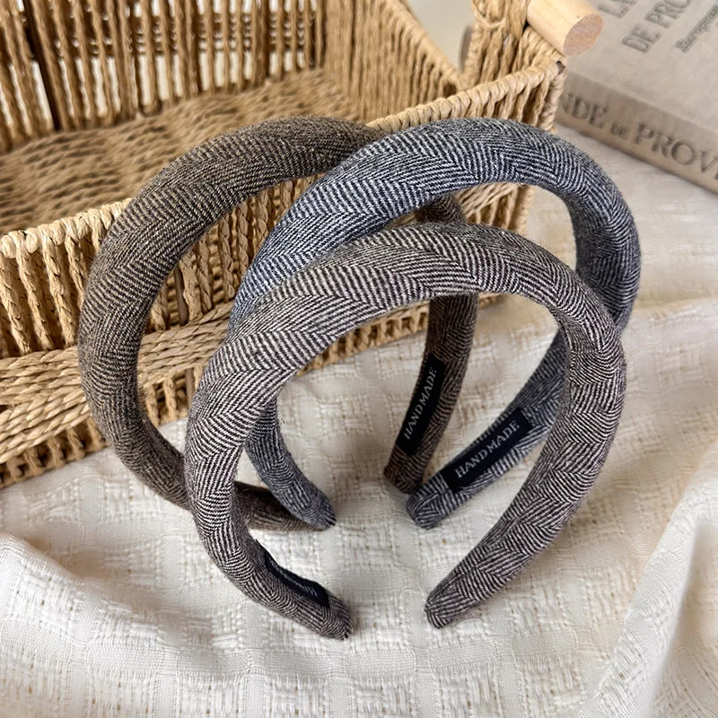 Headband Wool Blend Herringbone High Crown Sponge Padded Women Anti Slip Pressure Free Soft Cozy Fall Winter Hair Accessory