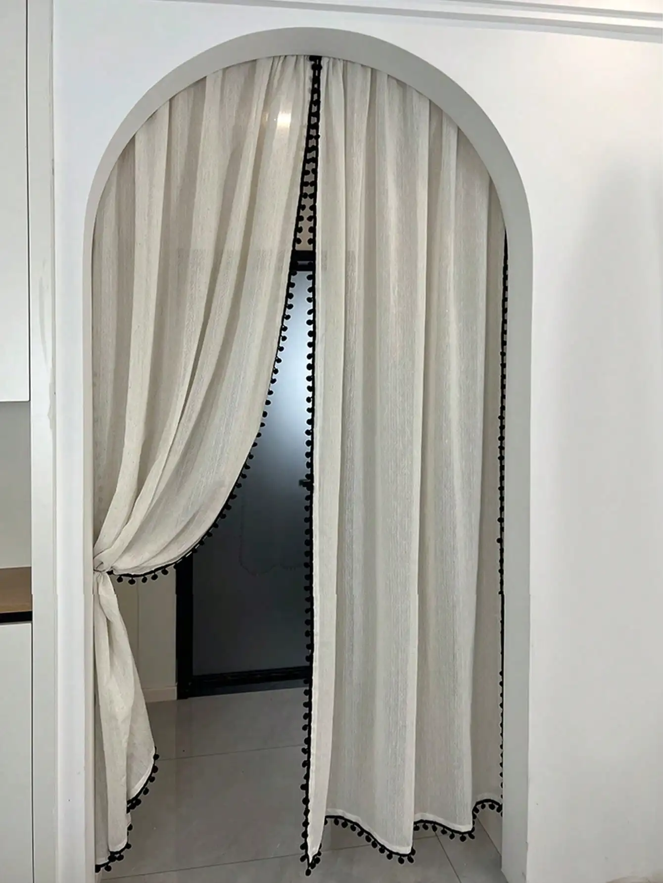 1Pc High-End Linen-Weave Curtain Middle-Aged Decorative Partition Curtain with Ball Ruffle Edge for Beauty And Privacy