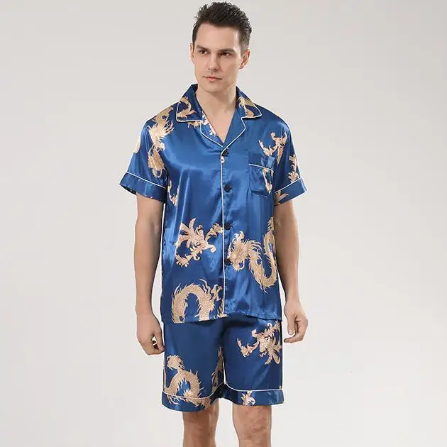 Pijama con estampado de dragón para hombre, ropa de dormir de satén, conjunto de 2 piezas, camisa de solapa y pantalones cortos, lencería de verano