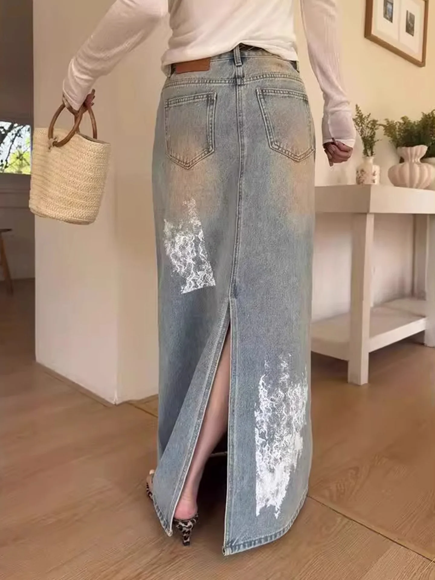 Outono inverno feminino vintage y2k split denim maxi saia a linha impressão harajuku japonês grunge 2000s cyber punk e-girl maré nova