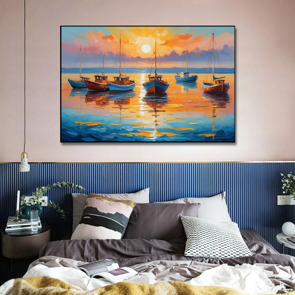 Oil Painting Of boats And Sea On Canvas Sunset Over Ocean Modern Impressionism,Print Poster Wall Art Picture Room Decor Unframed