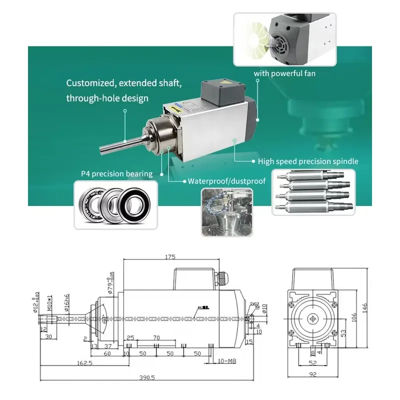 Manufacturer Custom Motor Extended Shaft, Through Hole 0.75kw 12000R High Speed Air Cooling Machine Tool Spindle Motor
