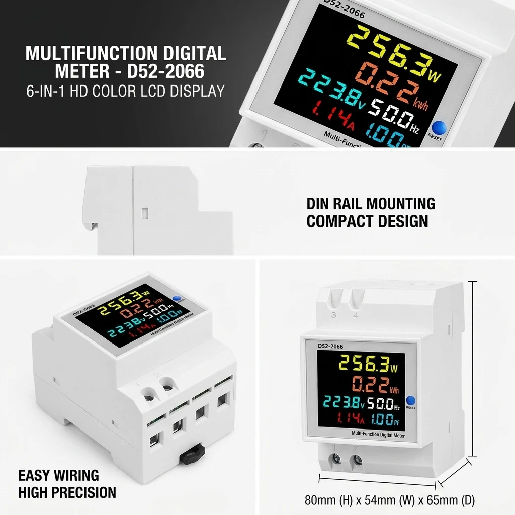 6IN1 Din Rail AC Monitor 110V 220V 380V 100A Voltage Current Power Factor Active KWH Electric Energy Frequency Meter image 4