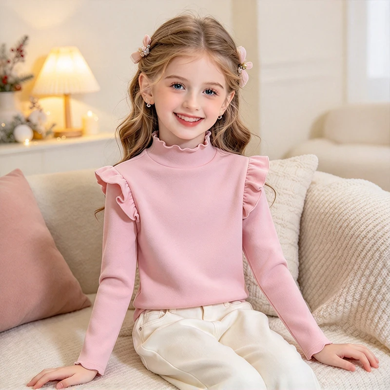 Girls Thermal Long Sleeve Shirts Ruffle Mock Neck Develon Fleece Undershirt Kids Cute Fly Sleeve Slim Fit Base Layer Top