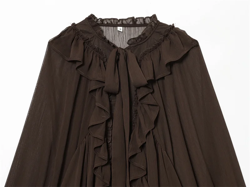 Women's Shirt 2025 Autumn New Style, Dark Brown Long Sleeve Layered Decorative Tie Draped Shirt Casual Fashionable Versatile