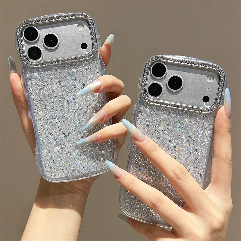 Luxuriöse Glitzer-Pailletten Handyhülle für iPhone 17 16 14 15 Plus 13 17 Pro Max Funkelnder Diamant-Kamerarahmen Wellenförmige Stoßfeste Hülle