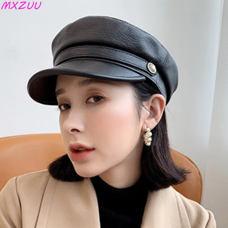 European/American Leisure Genuine Leather Visors Peaked Cap Flat Hat For Women Vintage Sheepskin Black Beret Trendy Military Hat