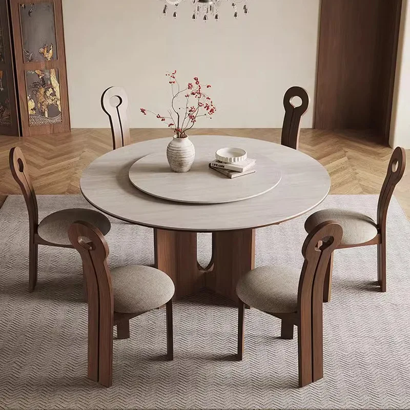 Mid-Century Solid Wood Walnut Round Dining Table French Retro Large Household Travertine Slate Dining Table and Chair Combinatio