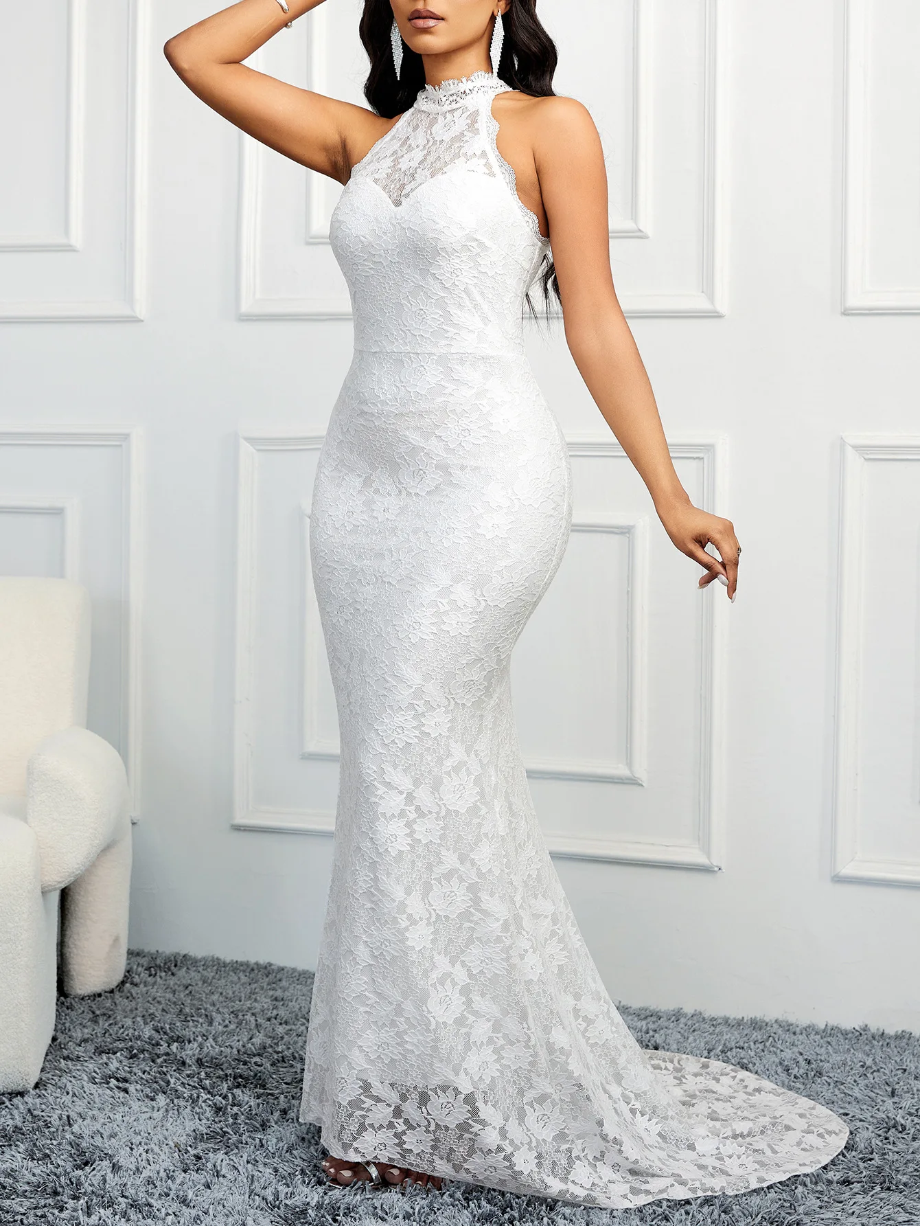 Witte Elegante Avondjurken Voor Vrouwen Sexy Kant Halter Mouwloze Bodycon Club Party Lange Gewaad 2025, Mode Bruiloft Gast Jurk