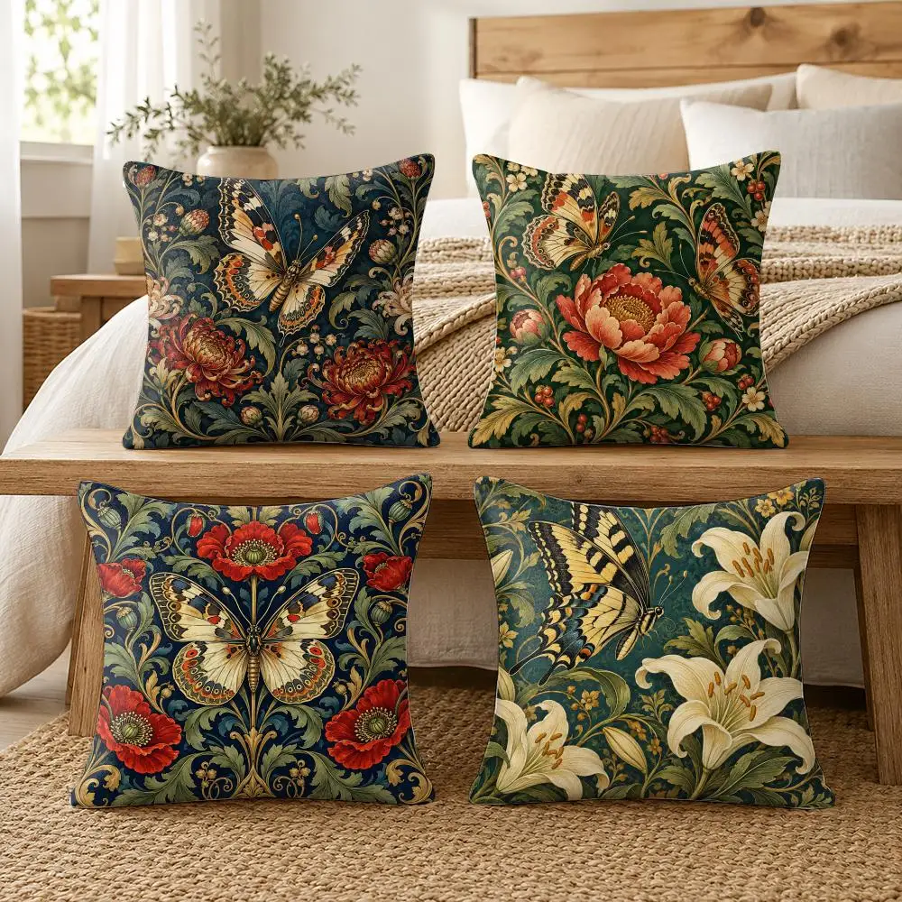 Butterfly Floral William Morris Cushion Cover Soft Short Plush Pillow Cases Hidden Zipper Cutecore Sofa Bedroom Home Decor Gift