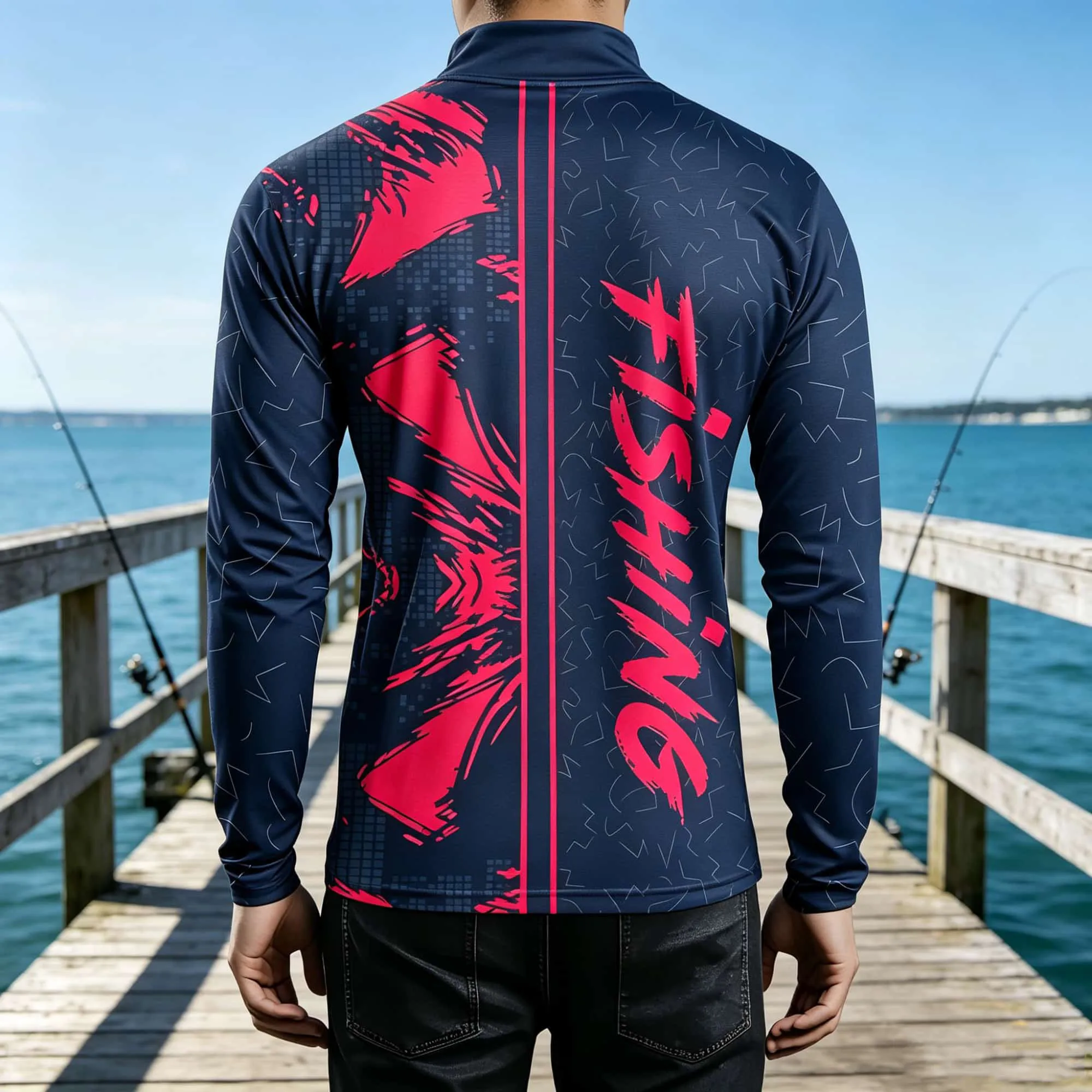 Angler‑Style Men Mock Neck Long Sleeve Top Red Navy Graffiti Print Comfortable Breathable Water Outdoor Sport Base Layer