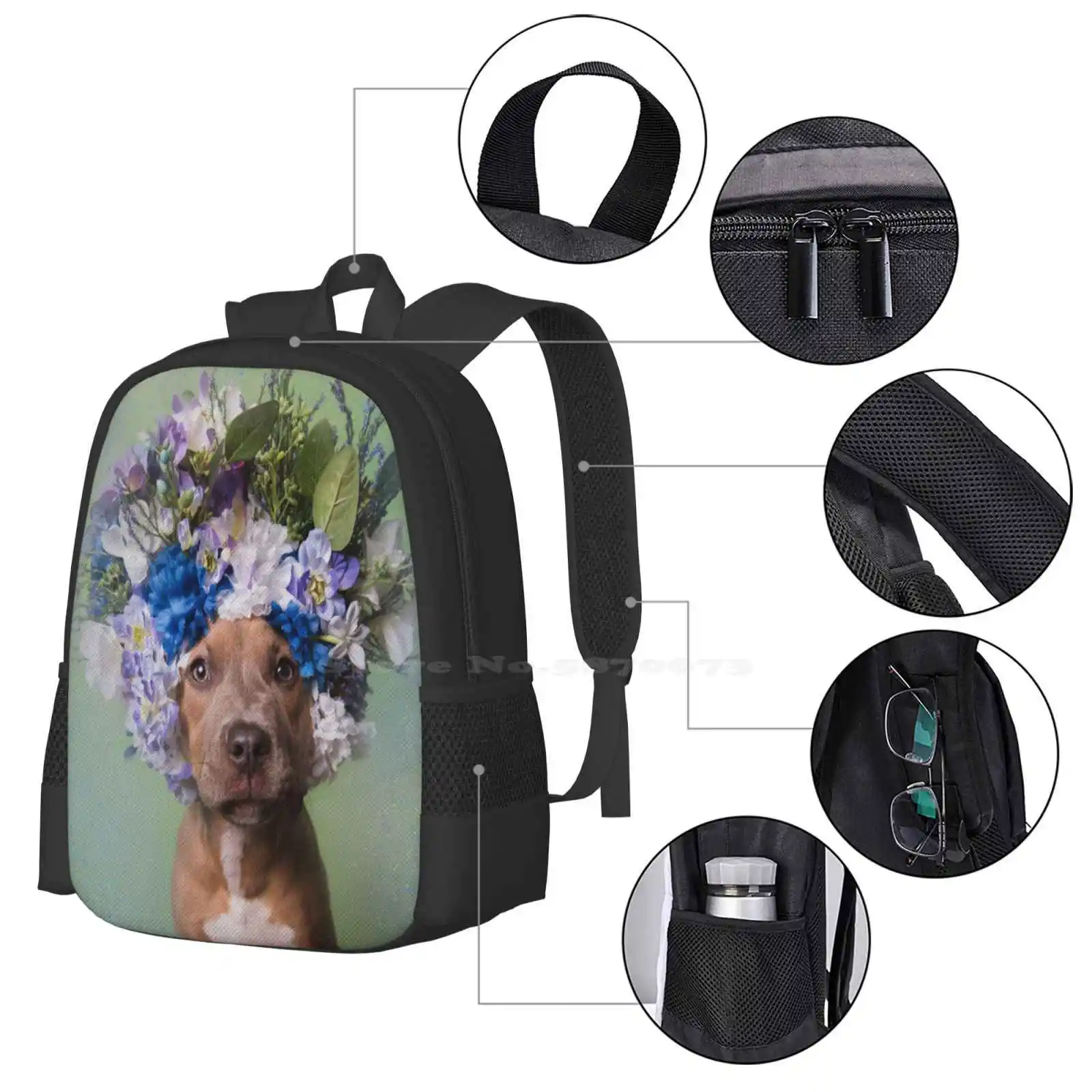 Flower Power , Kyla School Bags For Teenage Girls Laptop Travel Bags Pit Bull Flowers Dog Rescue Shelter Love Flower Crown