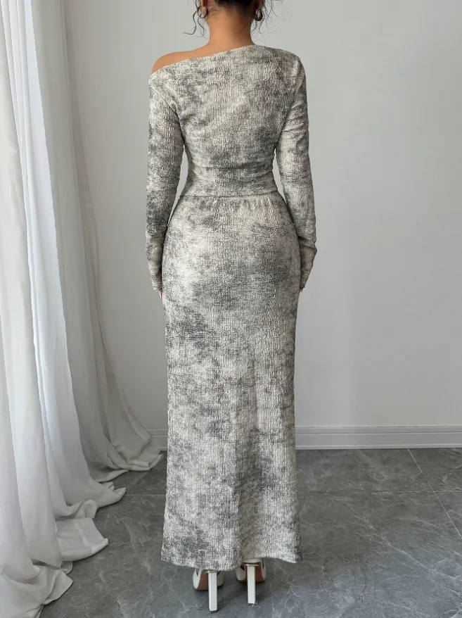 หญิงElegantไหล่เอียงแขนยาวสะโพกWarpชุดกระโปรงเสื้อผ้าผู้หญิงฤดูใบไม้ร่วงใหม่แฟชั่นกระโปรง 2 ชิ้นชุด
