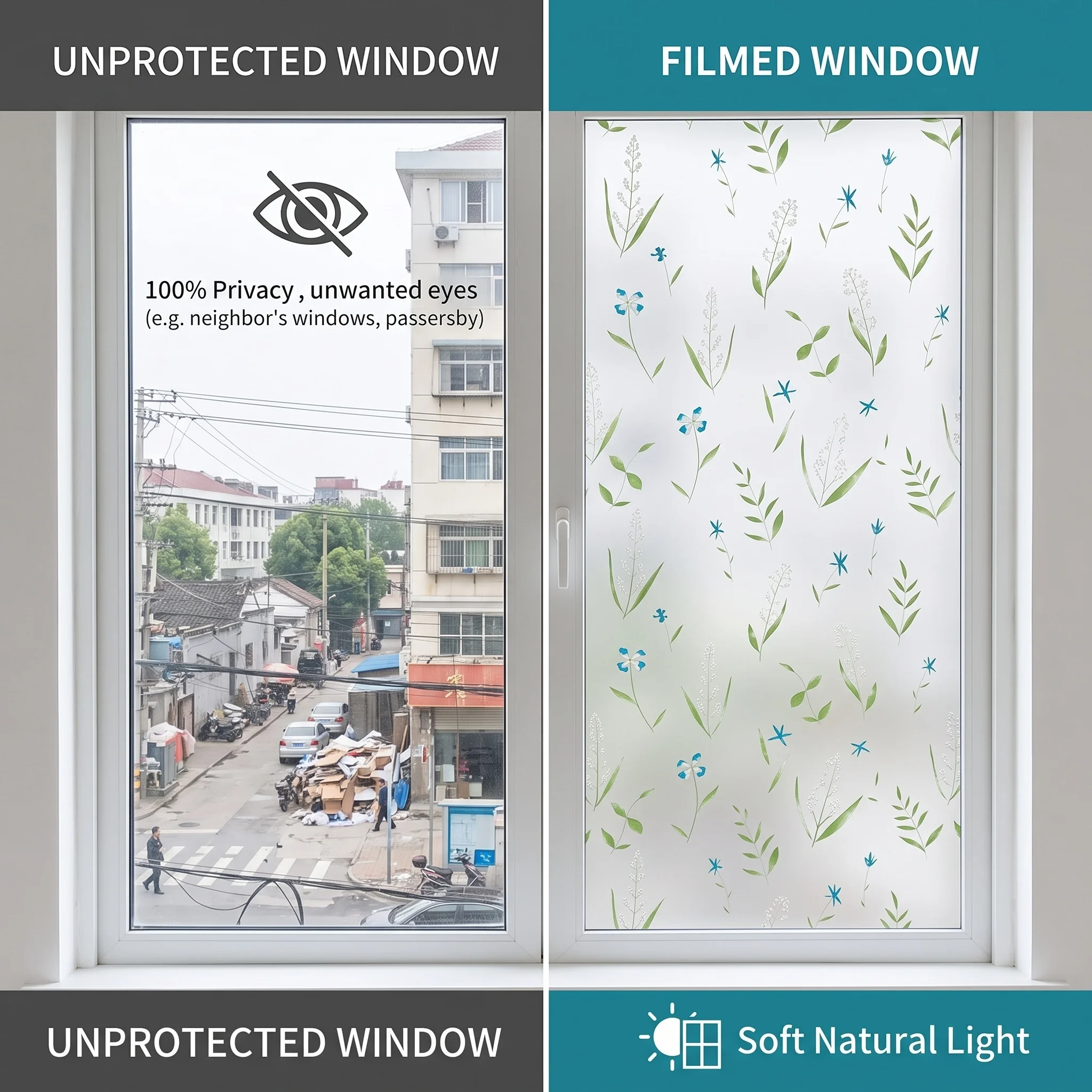 Self‑Adhesive Watercolor Floral Window Film Privacy Glass Sticker Reusable No Glue Residue Waterproof for Bathroom Bedroom Home