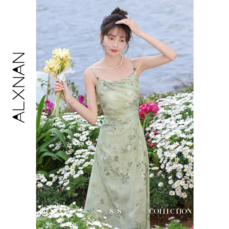 

ALXNAN Chinese Style Dresses Green Printed Sleeveless Long Beach Dress Women 2026 Summer Elegant Holiday Female Dresses VL37121