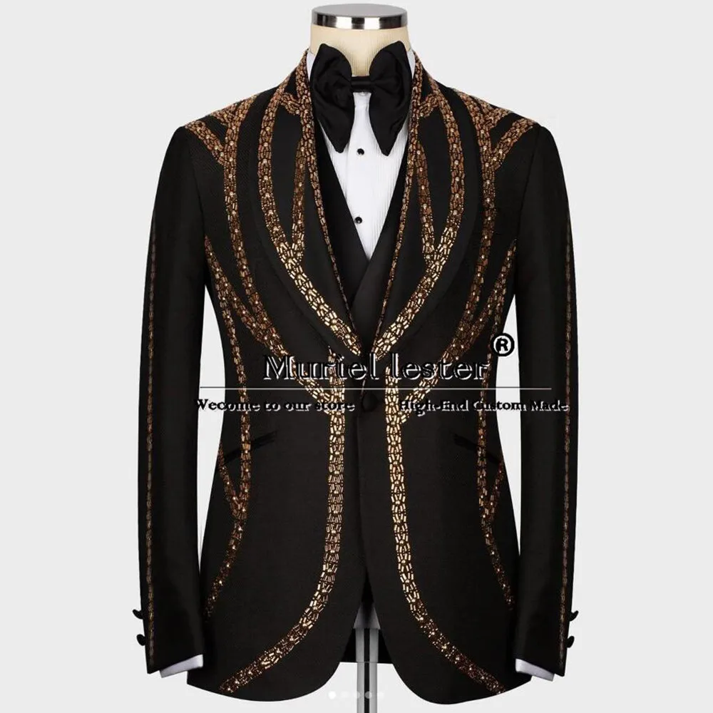 

Elegant Groom Tuxedo Golden Beaded Stone Jacket Vest Pants 3 Pieces Suits Men For Wedding Custom Made Man Marriage Clothing 2024