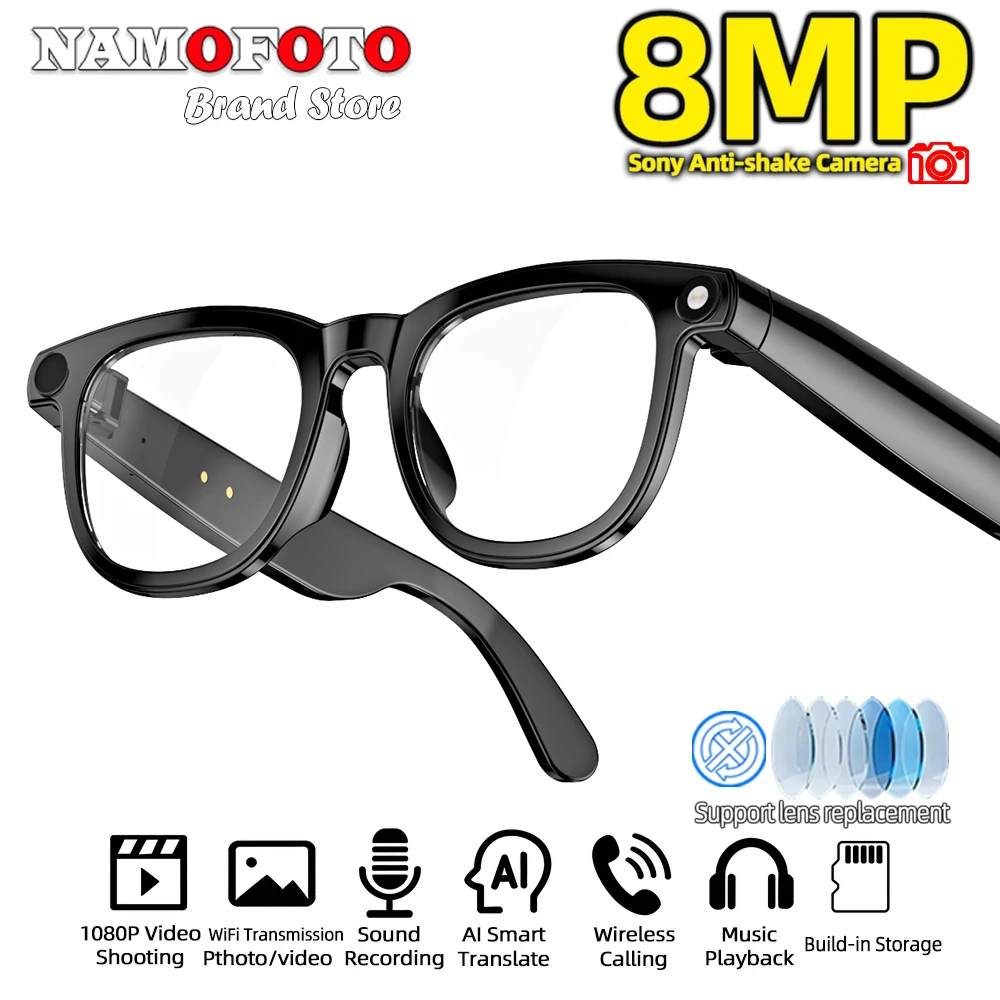 

Новые умные очки с ИИ 2026 года: камера 8 МП, запись видео 1080P, для мужчин и женщин, синхронный перевод, звонки по Bluetooth, воспроизведение музыки, солнцезащитные очки