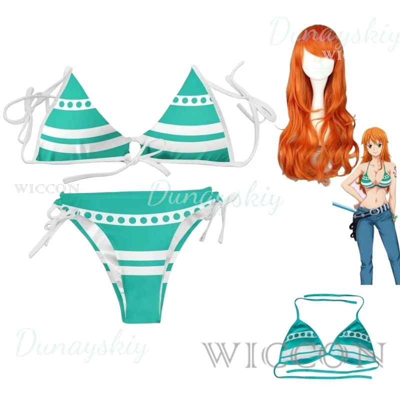 

Anime Nami Cosplay Costume Two Years Ago Wig Green White Stripe Swimwear Jeans Summer Day Bikini Woman Sexy Carnival Suit