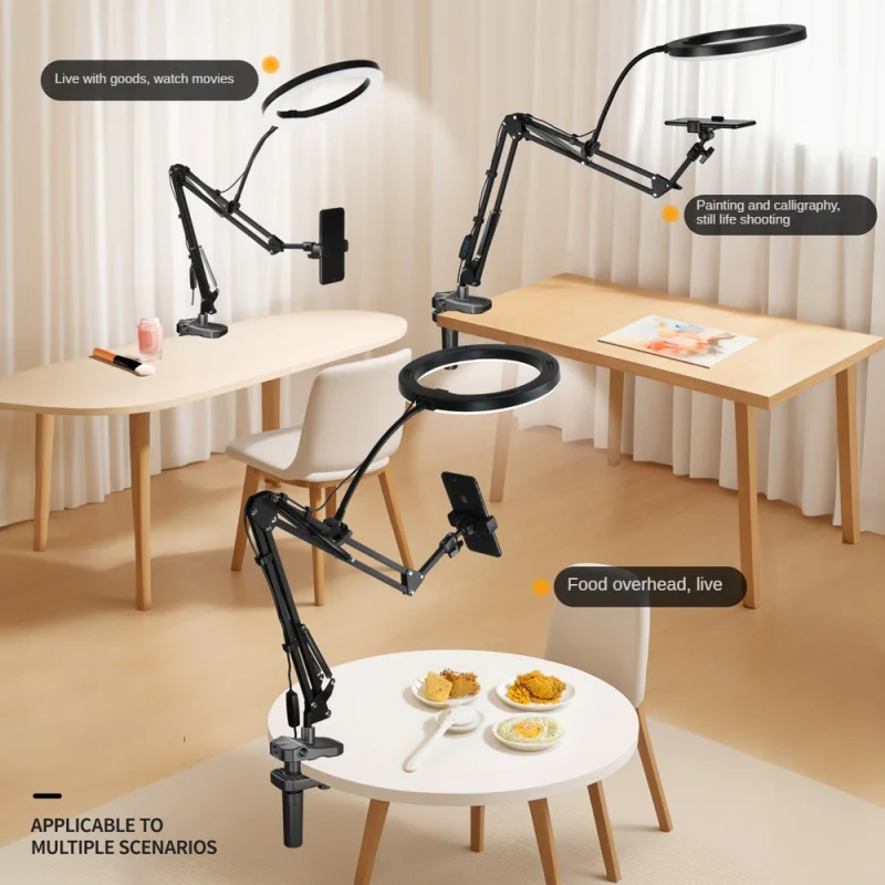 Live Streaming Phone Holder Stand Desktop Vertical Shooting Ring Fill Light Metal Cantilever Lifting Telescopic Video