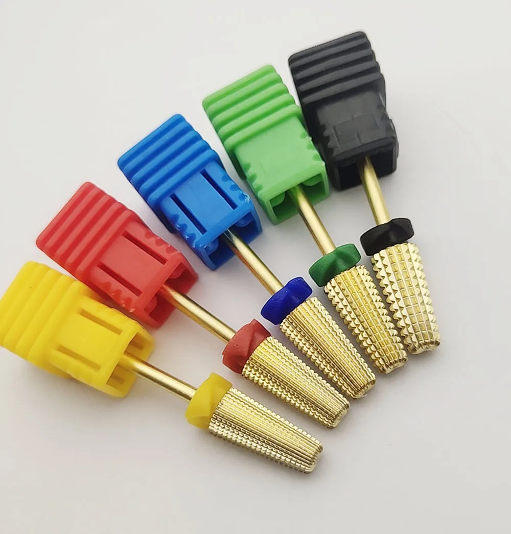 Brocas para uñas de carburo dorado de seguridad cónicas 5 en 1 con taladros cortados, fresa de carburo para manicura, accesorios para quitar uñas de Gel