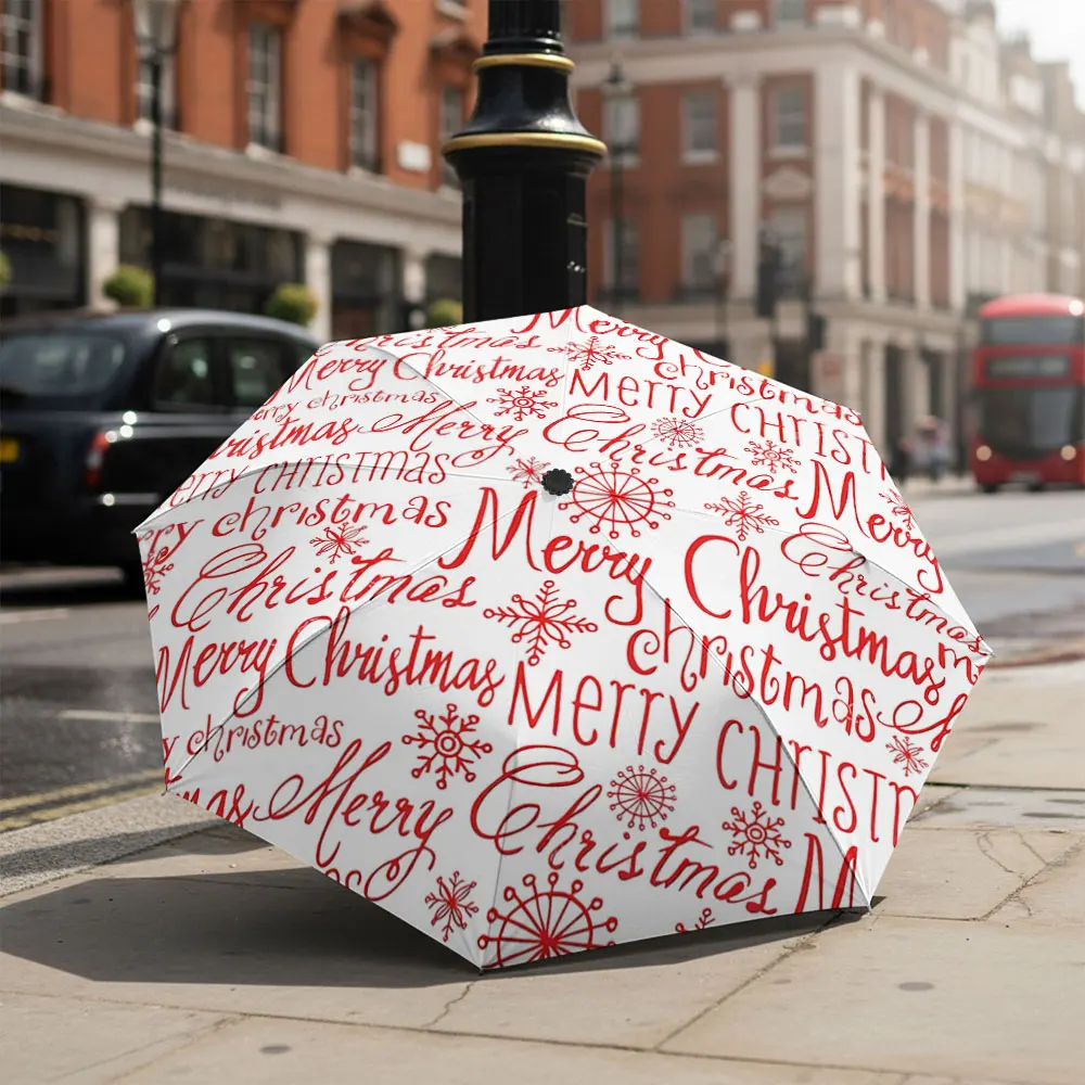 1P C Festive Christmas Umbrella with Elegant Red Patterns Print 8 Iron Ribs Folding Umbrella Auto-Open Fashion Sunshade