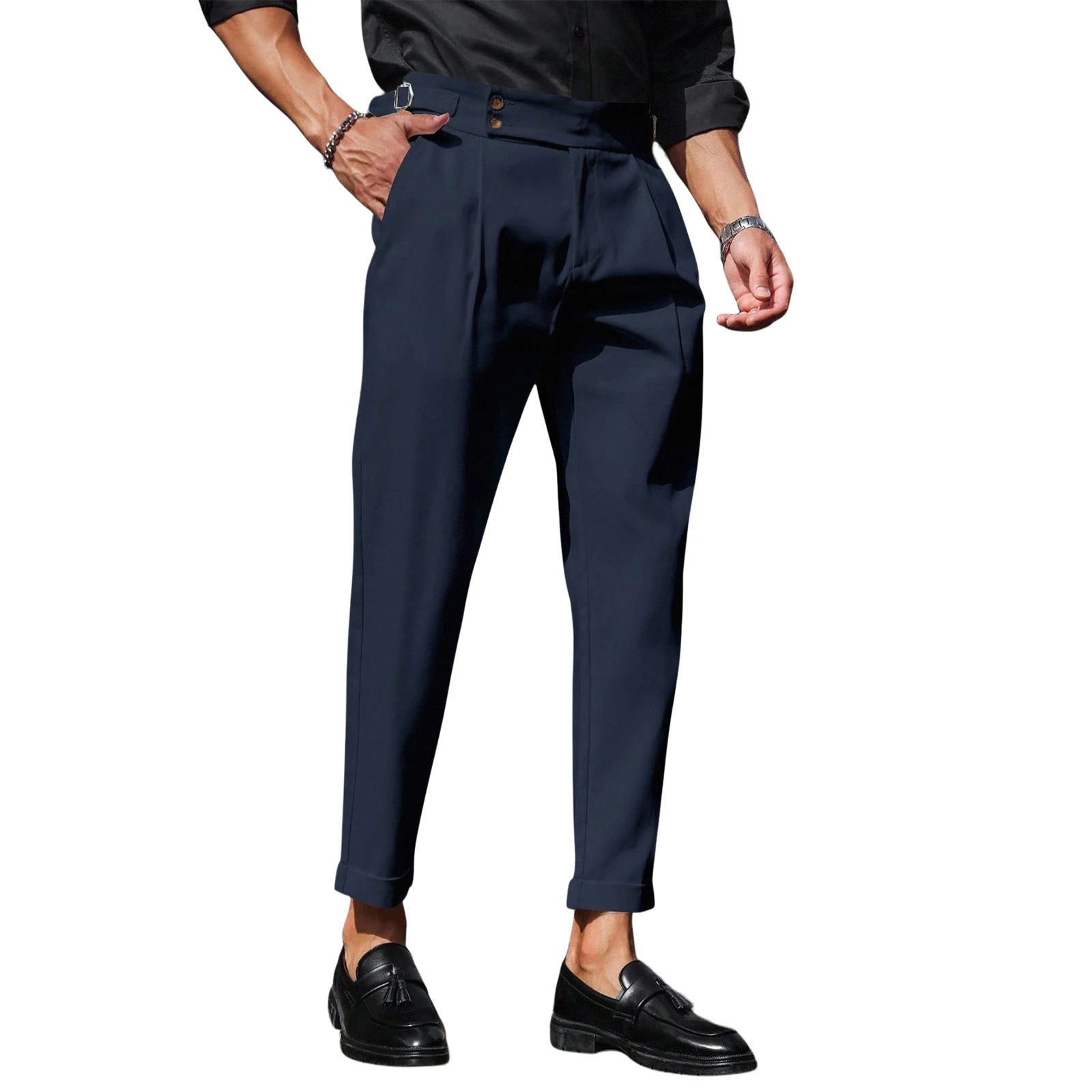 Men High‑Waist Pleated Dress Trousers Side Adjustable Buckle Cropped Cuffed Hem Slim Fit Business Smart Casual Ankle Pants