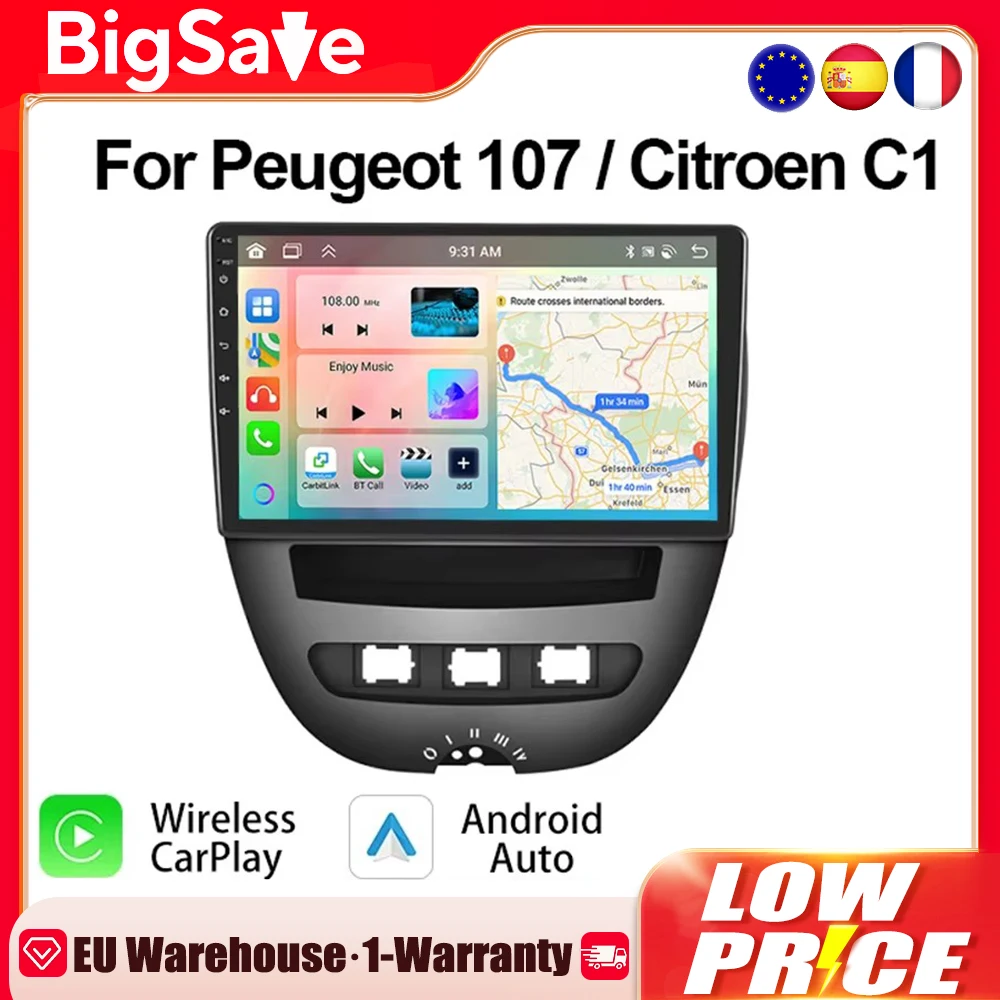 Podofo 4G CarPlay Android Radio For Peugeot 107 Citroen C1 Aygo 2 Multimedia Player 2din GPS Stereo Head Unit Ai Voice Autoradio