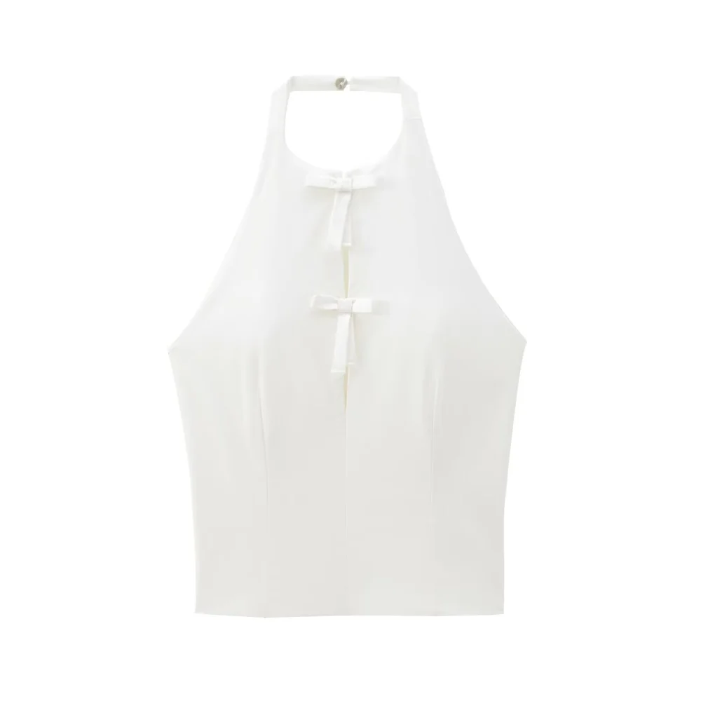 2024 RARF autumn new European and American style hanging neck collar bow white elastic tank top sleeveless T-shirt