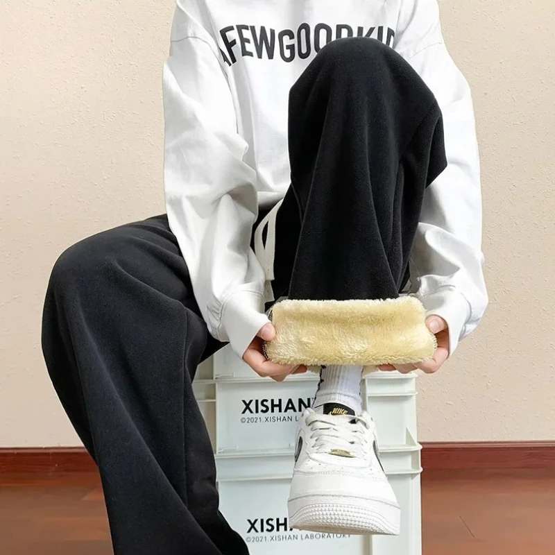 

Мужские уличные брюки с бархатной подкладкой, зимние спортивные штаны для бега, однотонные мешковатые утолщенные зимние флисовые свободные спортивные теплые брюки